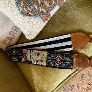 Colorful Beaded Guitar Strap with Brown Leather Ends